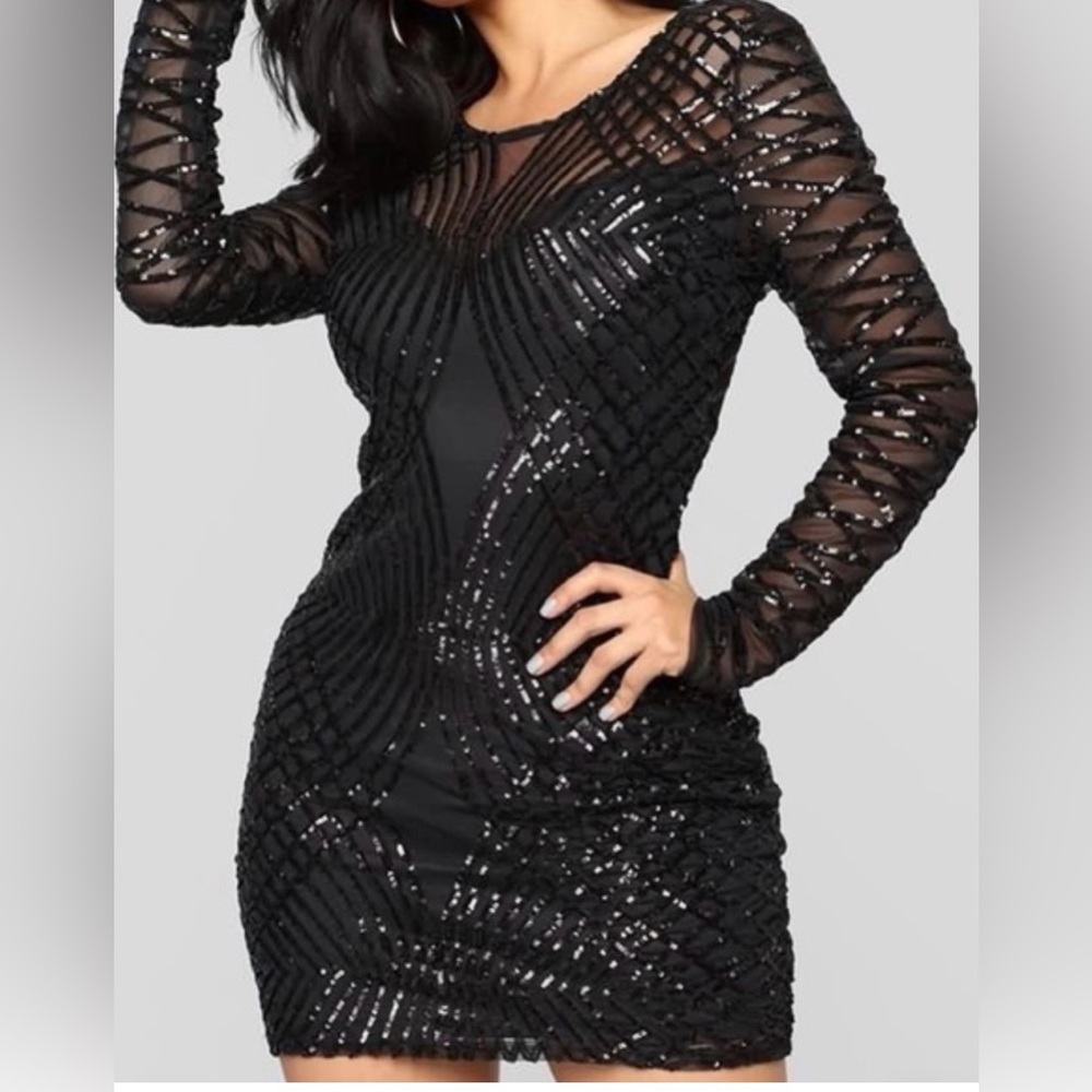 Kazo USA Black Beaded Sheath Dress | Size 6 | Long Sleeve Evening Dress